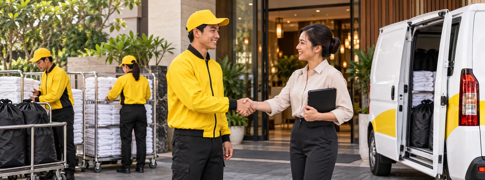 Tim laundry berjabat tangan dengan mitra hotel di samping van dan troli linen.